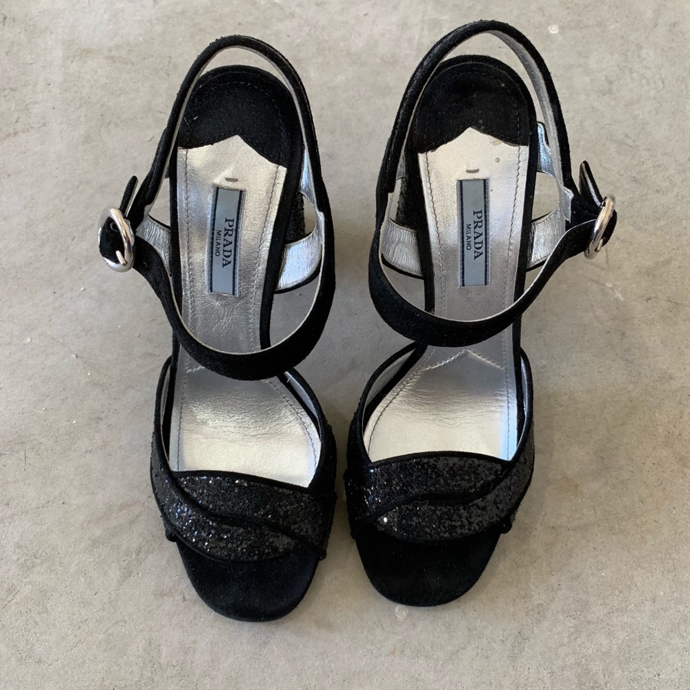 Prada black glitter heels